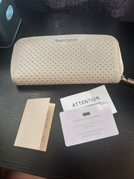 Jimmy Choo Handbags - Jimmy Choo Beige Studded Zip Wallet in Metallic Accents with COA